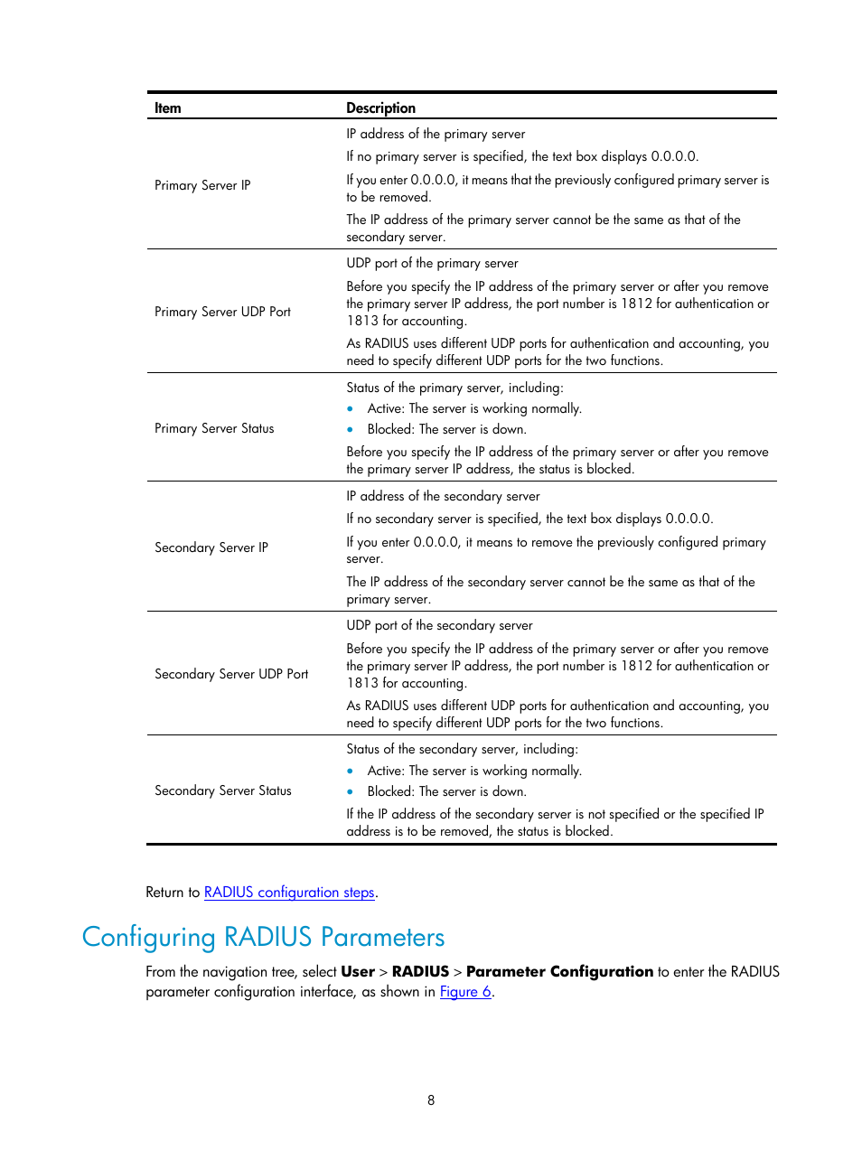 Configuring radius parameters | H3C Technologies H3C SecPath F1000-E User Manual | Page 416 / 938
