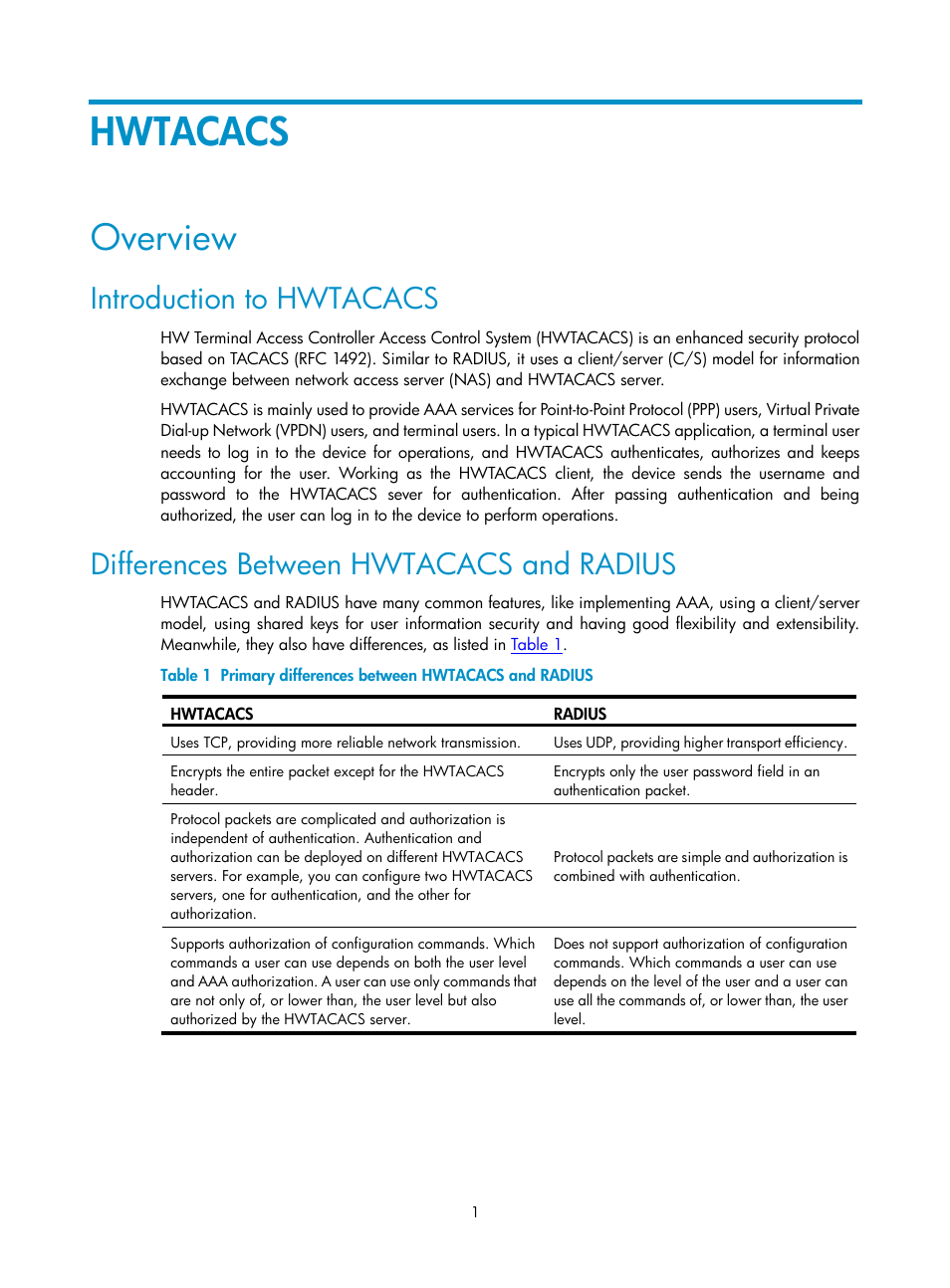 Hwtacacs, Overview, Introduction to hwtacacs | Differences between hwtacacs and radius | H3C Technologies H3C SecPath F1000-E User Manual | Page 430 / 938