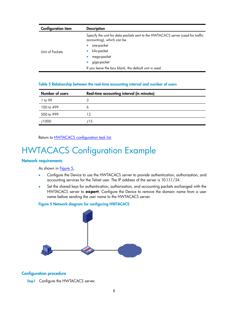 Hwtacacs configuration example, Network requirements, Configuration procedure | Table 5 | H3C Technologies H3C SecPath F1000-E User Manual | Page 437 / 938