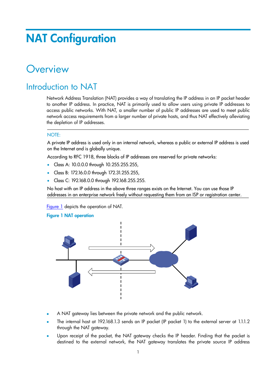 Nat configuration, Overview, Introduction to nat | H3C Technologies H3C SecPath F1000-E User Manual | Page 442 / 938