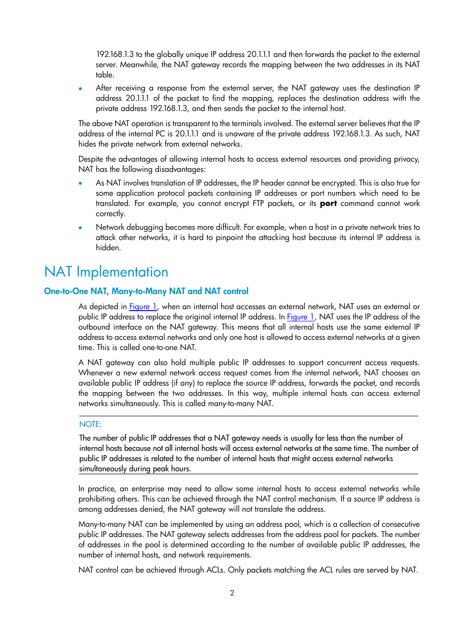 Nat implementation, One-to-one nat, many-to-many nat and nat control | H3C Technologies H3C SecPath F1000-E User Manual | Page 443 / 938