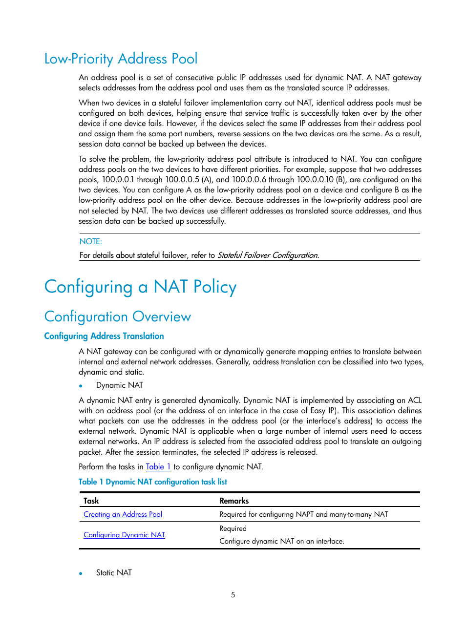 Low-priority address pool, Configuring a nat policy, Configuration overview | Configuring address translation | H3C Technologies H3C SecPath F1000-E User Manual | Page 446 / 938