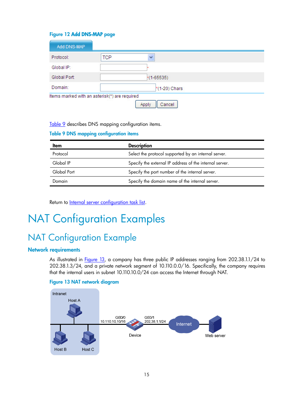 Nat configuration examples, Nat configuration example, Network requirements | Figure 12 | H3C Technologies H3C SecPath F1000-E User Manual | Page 456 / 938