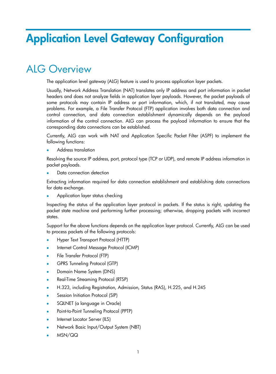 Application level gateway configuration, Alg overview | H3C Technologies H3C SecPath F1000-E User Manual | Page 464 / 938