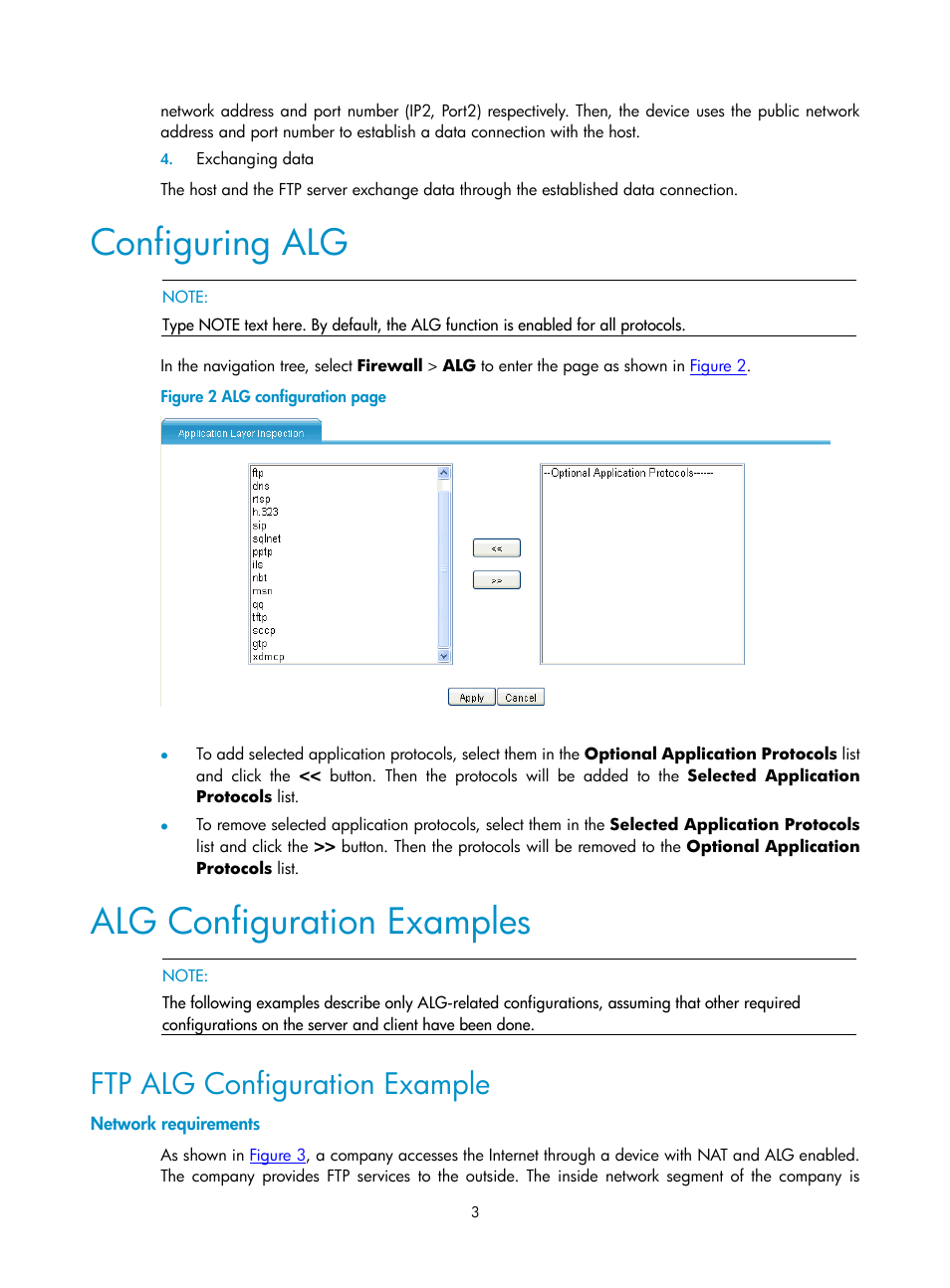 Configuring alg, Alg configuration examples, Ftp alg configuration example | Network requirements | H3C Technologies H3C SecPath F1000-E User Manual | Page 466 / 938