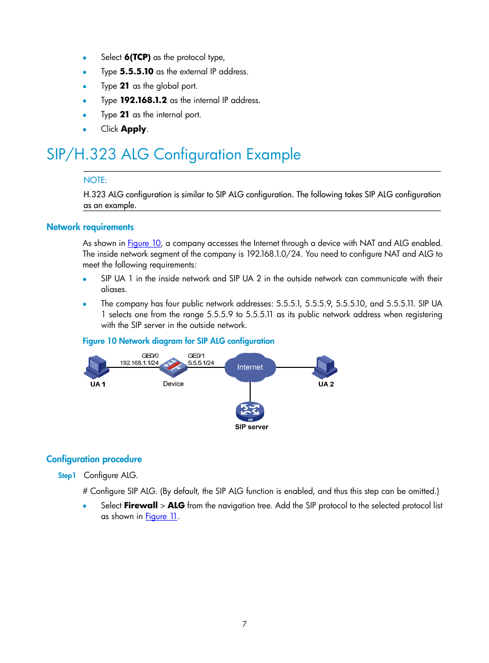 Sip/h.323 alg configuration example, Network requirements, Configuration procedure | H3C Technologies H3C SecPath F1000-E User Manual | Page 470 / 938