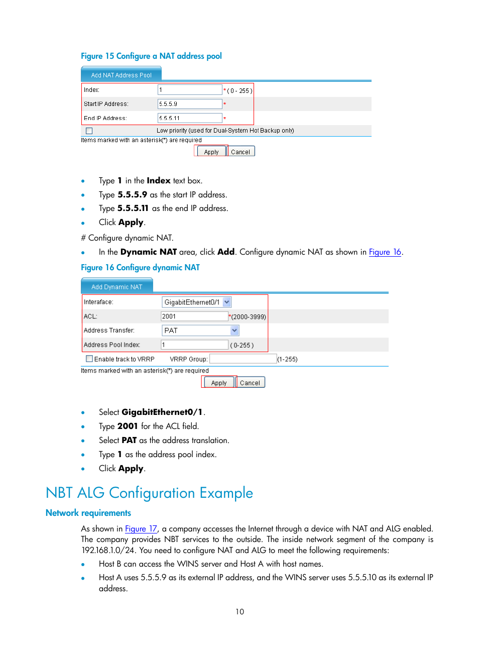 Nbt alg configuration example, Network requirements | H3C Technologies H3C SecPath F1000-E User Manual | Page 473 / 938