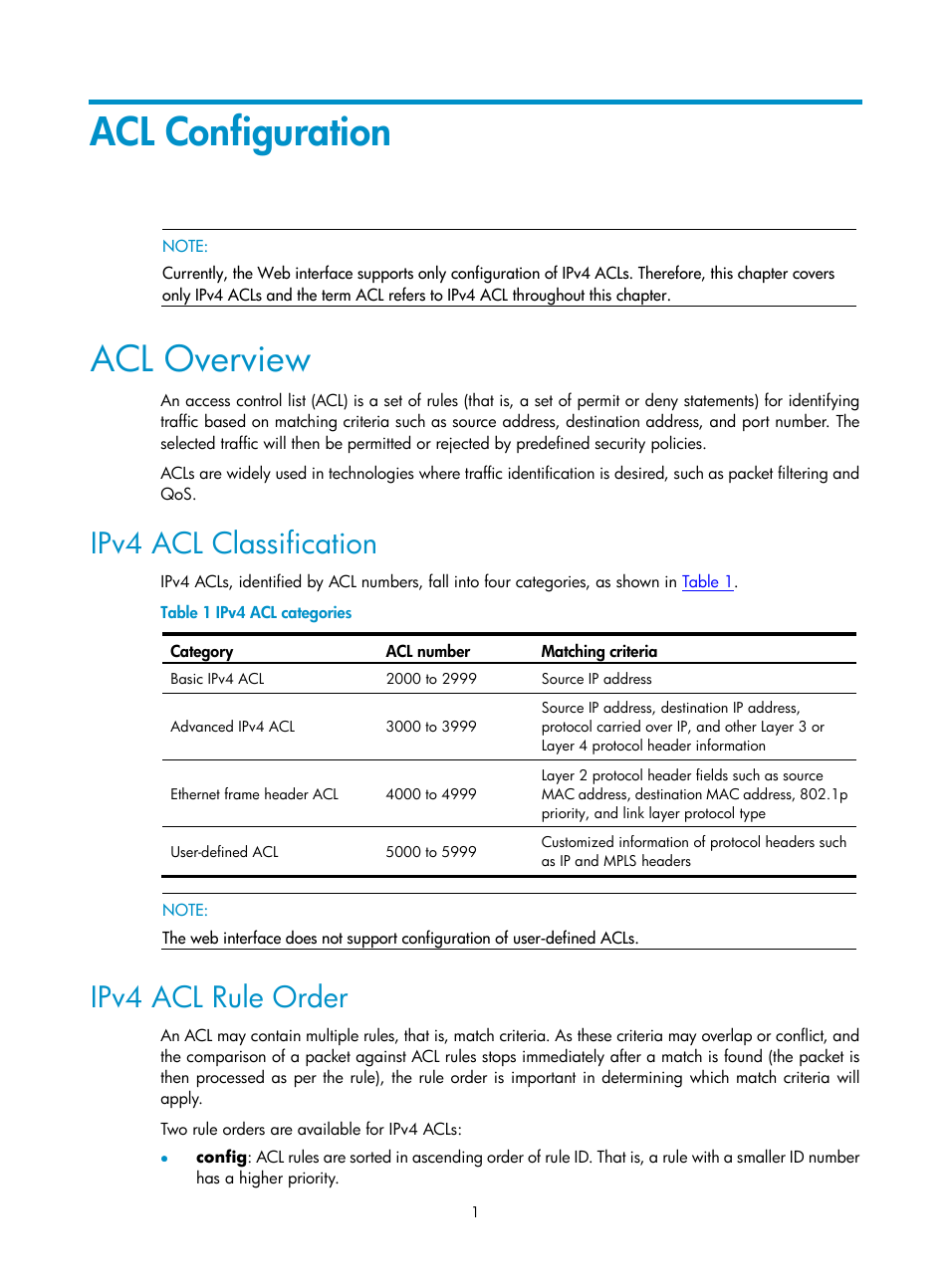Acl configuration, Acl overview, Ipv4 acl classification | Ipv4 acl rule order | H3C Technologies H3C SecPath F1000-E User Manual | Page 479 / 938