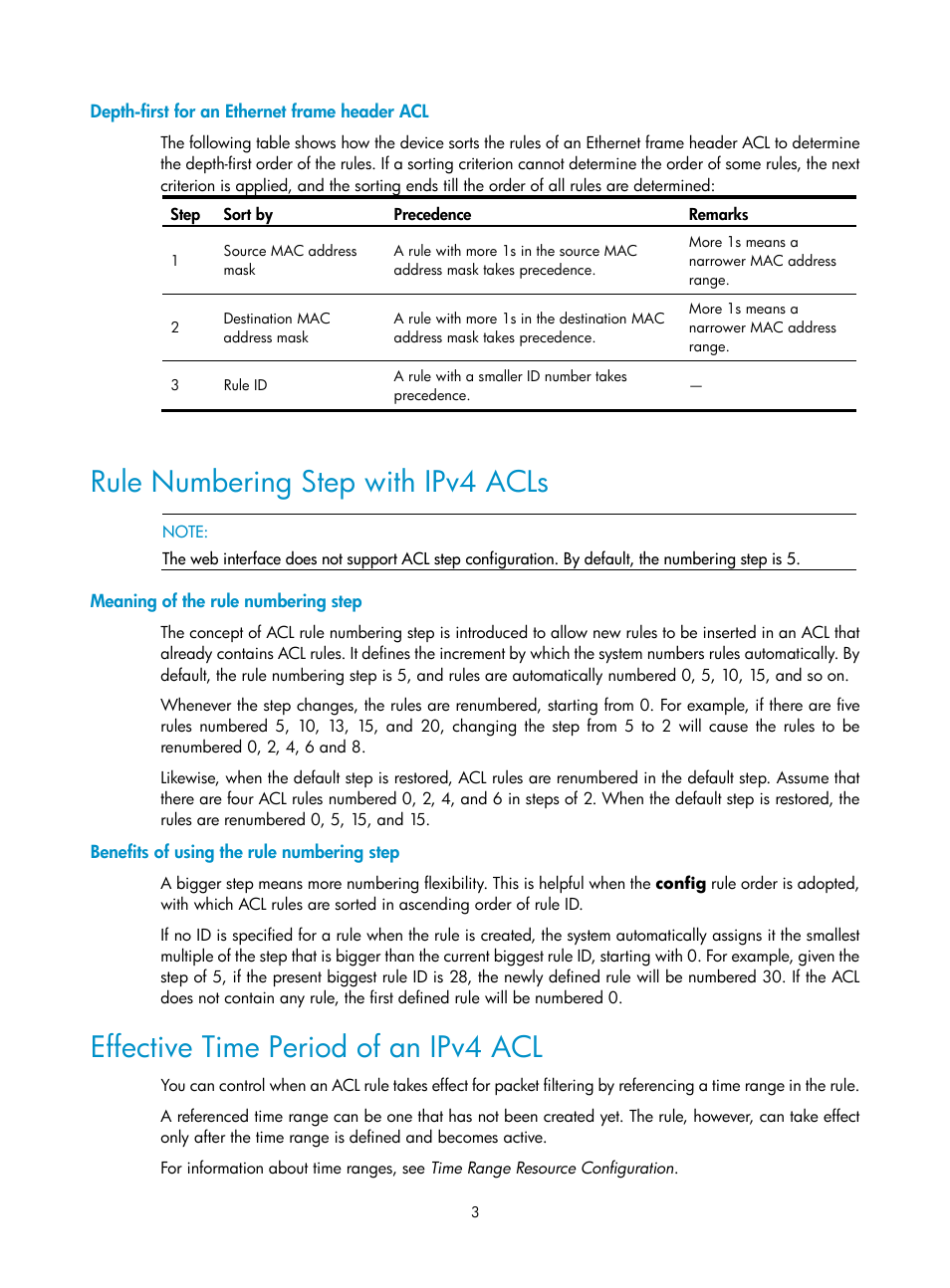 Depth-first for an ethernet frame header acl, Rule numbering step with ipv4 acls, Meaning of the rule numbering step | Benefits of using the rule numbering step, Effective time period of an ipv4 acl | H3C Technologies H3C SecPath F1000-E User Manual | Page 481 / 938