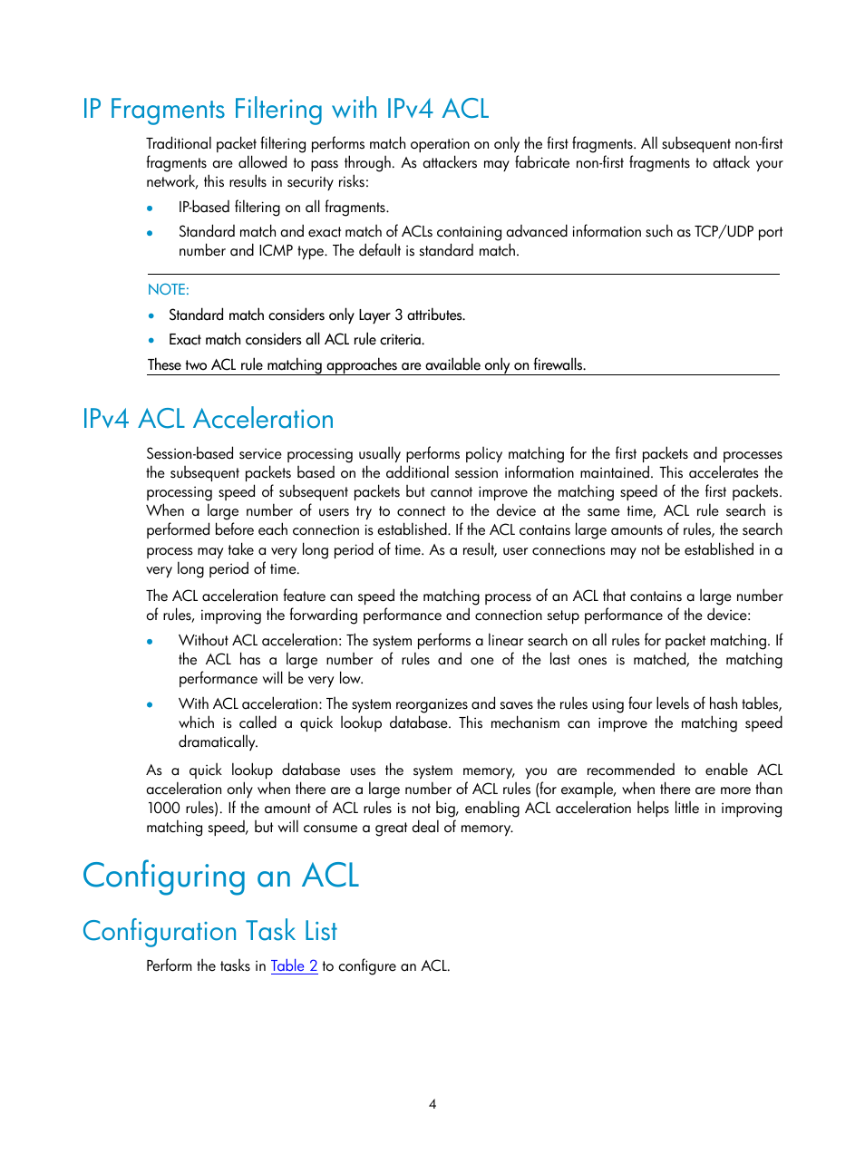 Ip fragments filtering with ipv4 acl, Ipv4 acl acceleration, Configuring an acl | Configuration task list | H3C Technologies H3C SecPath F1000-E User Manual | Page 482 / 938