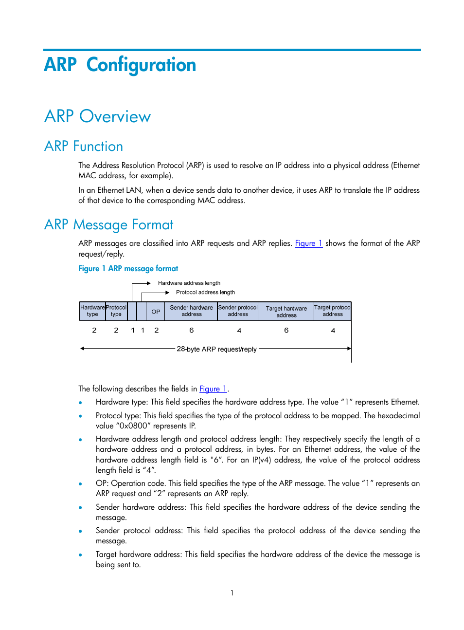 Arp configuration, Arp overview, Arp function | Arp message format | H3C Technologies H3C SecPath F1000-E User Manual | Page 495 / 938
