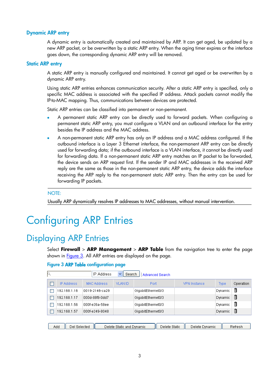 Dynamic arp entry, Static arp entry, Configuring arp entries | Displaying arp entries | H3C Technologies H3C SecPath F1000-E User Manual | Page 497 / 938