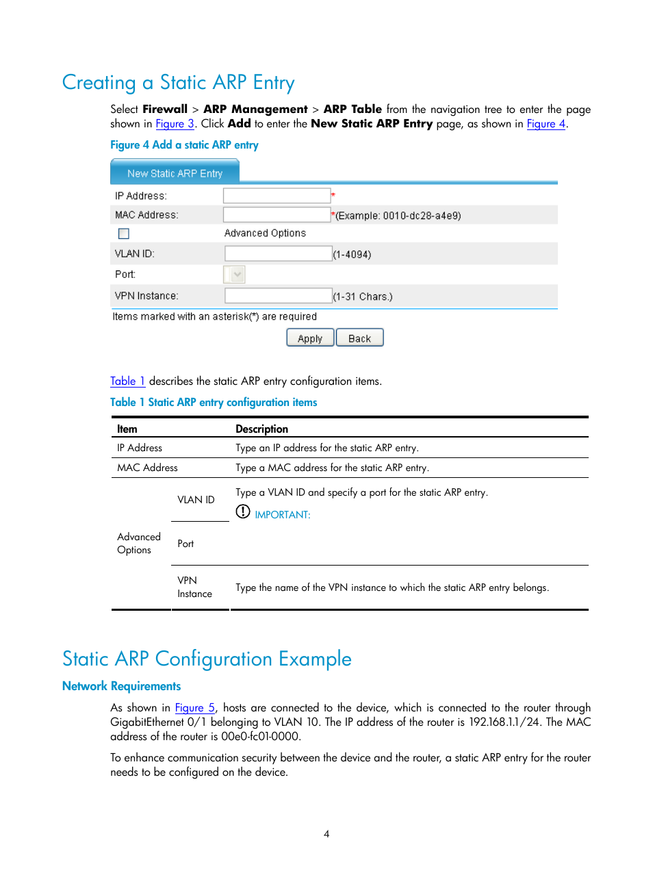 Creating a static arp entry, Static arp configuration example, Network requirements | H3C Technologies H3C SecPath F1000-E User Manual | Page 498 / 938