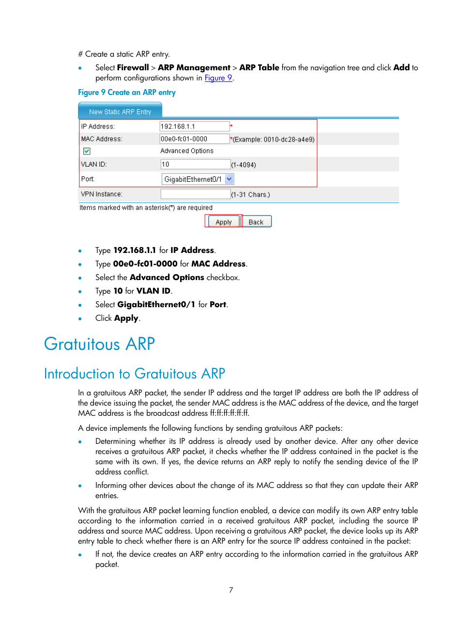 Gratuitous arp, Introduction to gratuitous arp | H3C Technologies H3C SecPath F1000-E User Manual | Page 501 / 938
