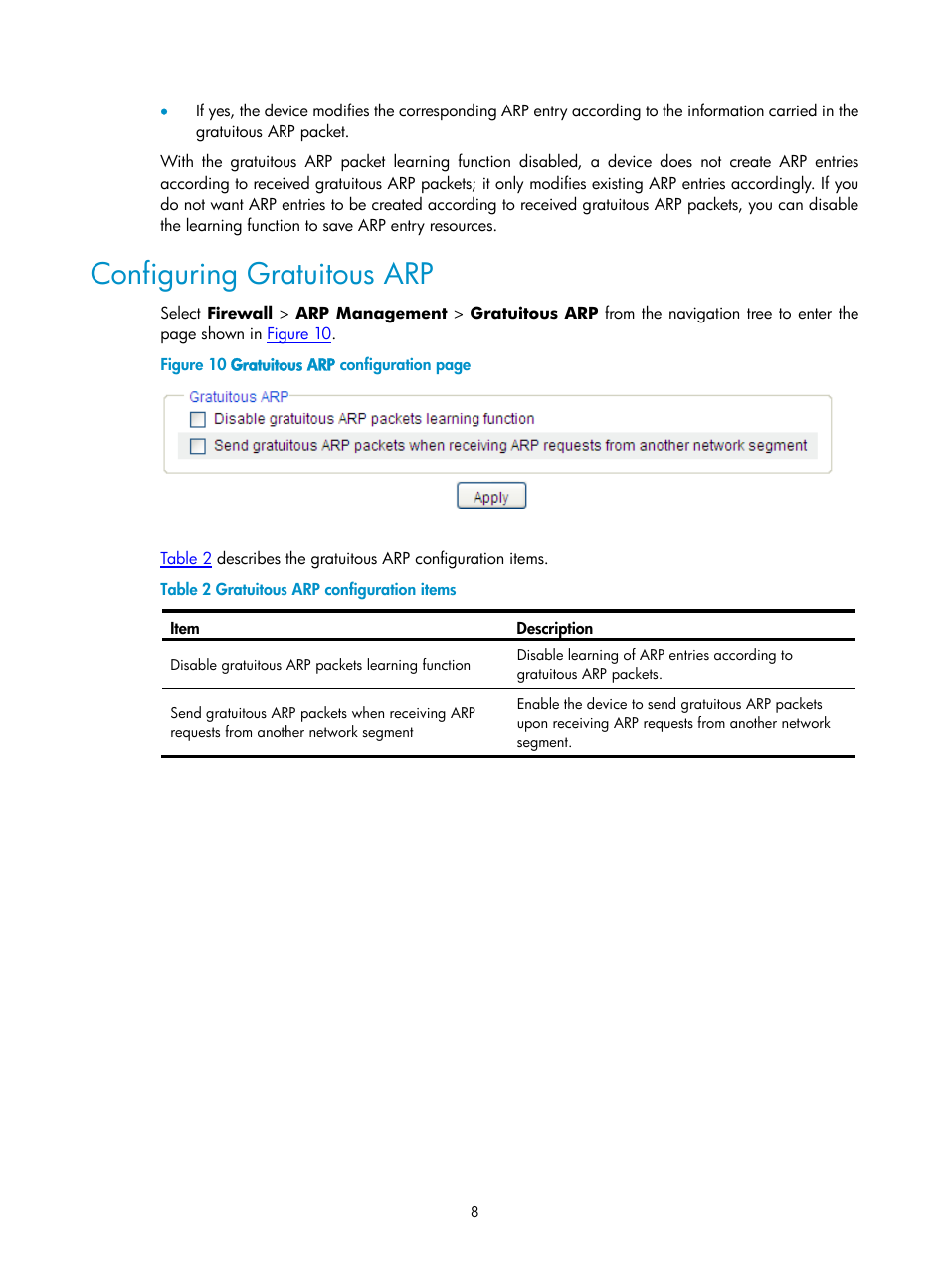 Configuring gratuitous arp | H3C Technologies H3C SecPath F1000-E User Manual | Page 502 / 938