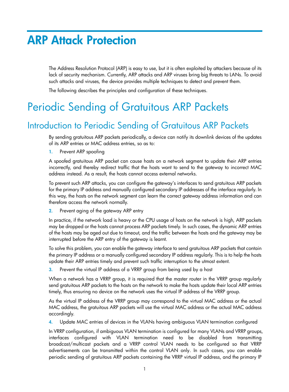 Arp attack protection, Periodic sending of gratuitous arp packets | H3C Technologies H3C SecPath F1000-E User Manual | Page 503 / 938