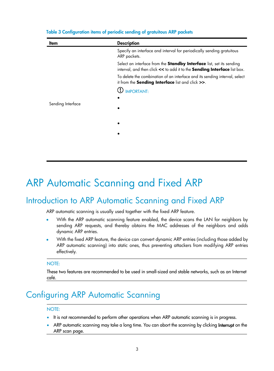 Arp automatic scanning and fixed arp, Configuring arp automatic scanning, Table 3 | H3C Technologies H3C SecPath F1000-E User Manual | Page 505 / 938