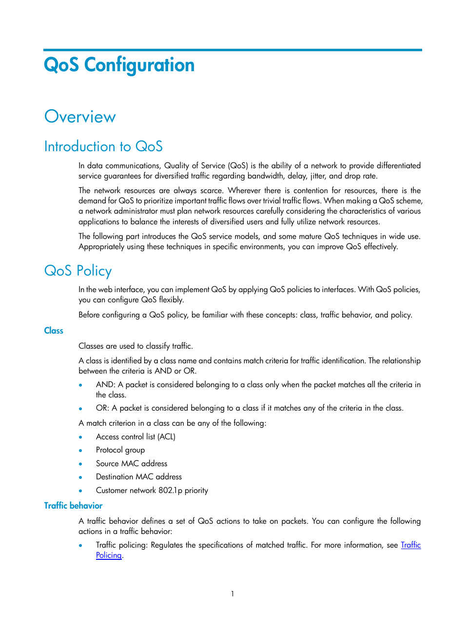 Qos configuration, Overview, Introduction to qos | Qos policy, Class, Traffic behavior | H3C Technologies H3C SecPath F1000-E User Manual | Page 509 / 938