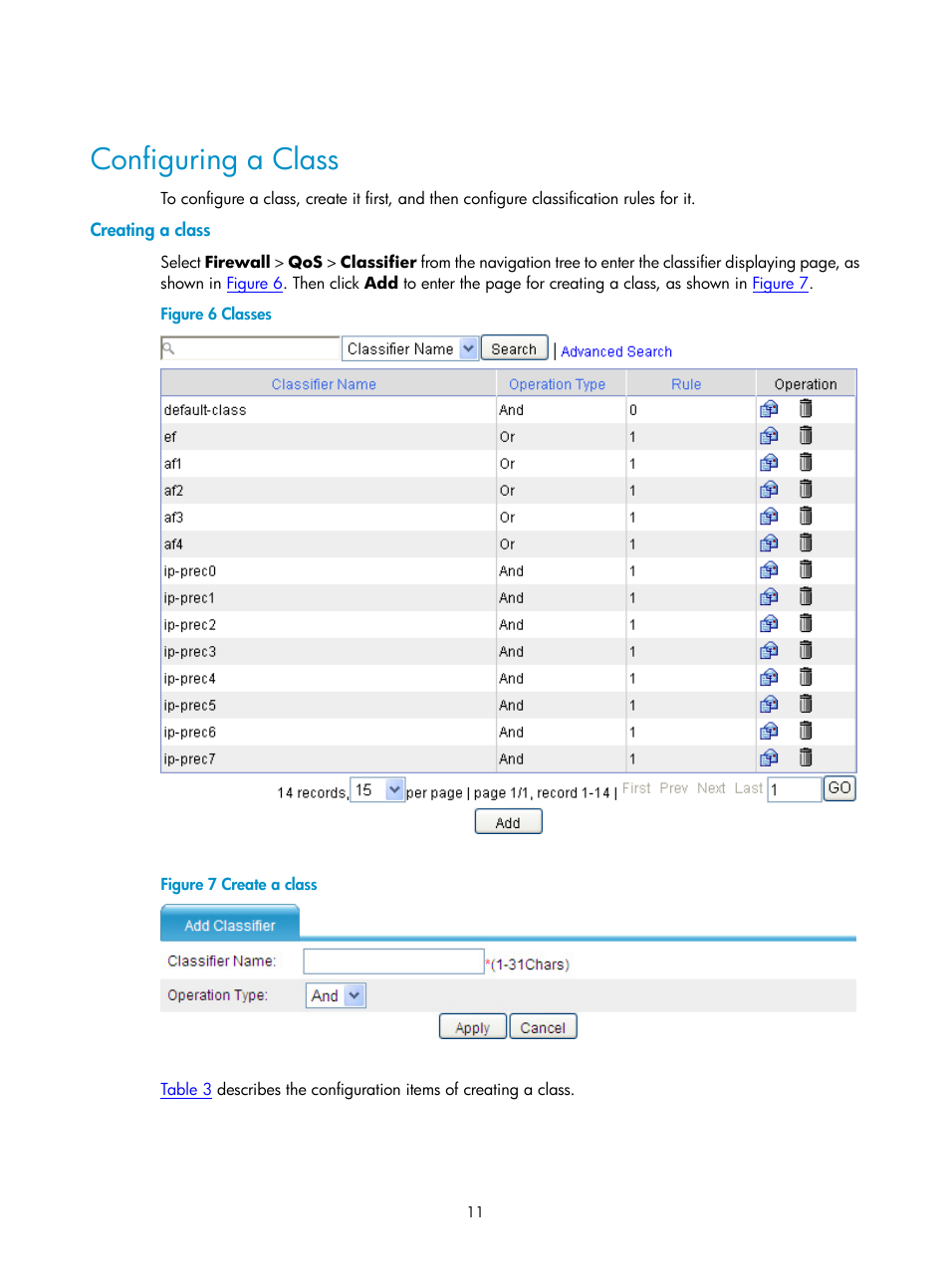 Configuring a class, Creating a class | H3C Technologies H3C SecPath F1000-E User Manual | Page 519 / 938