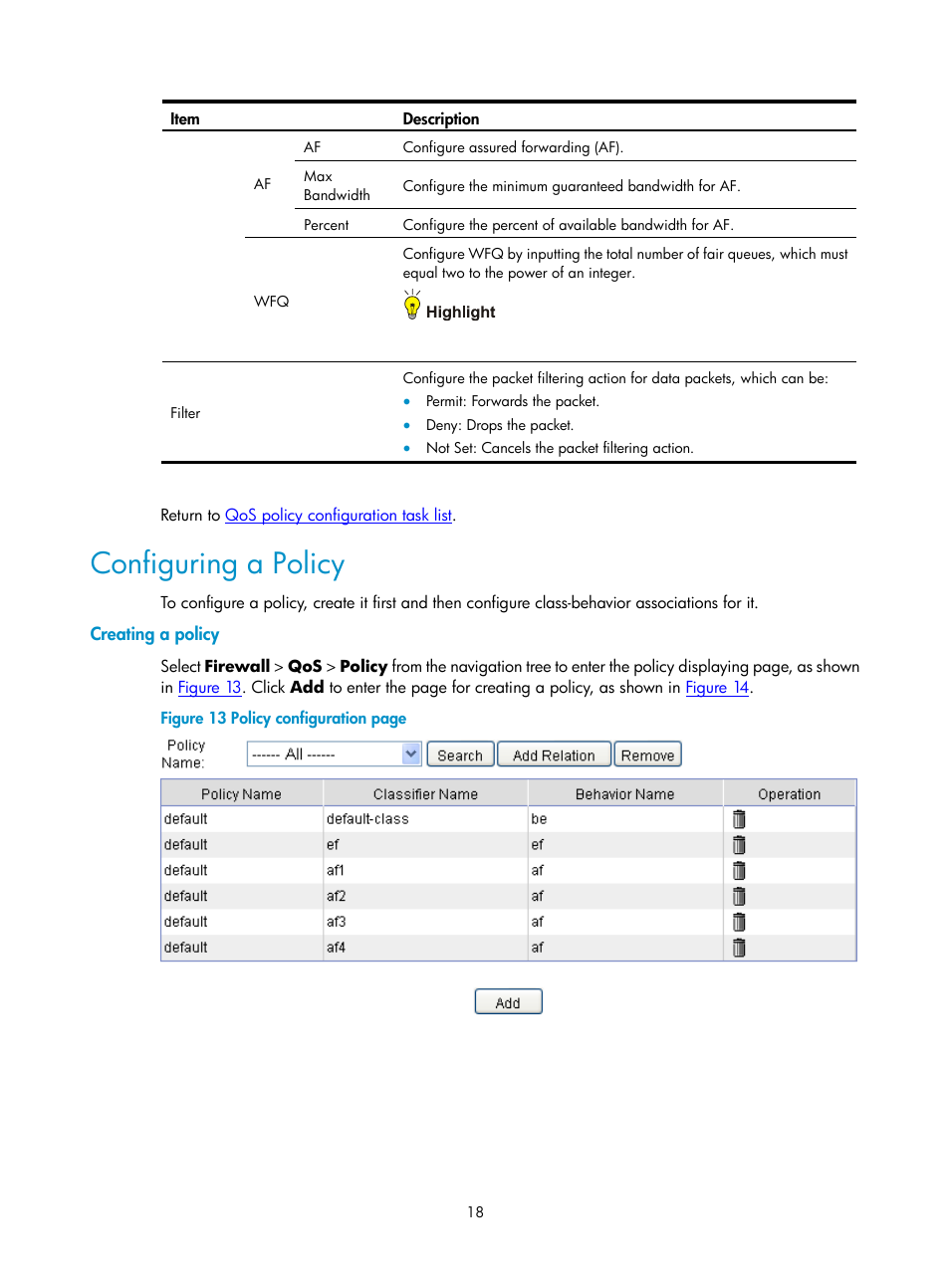 Configuring a policy, Creating a policy | H3C Technologies H3C SecPath F1000-E User Manual | Page 526 / 938