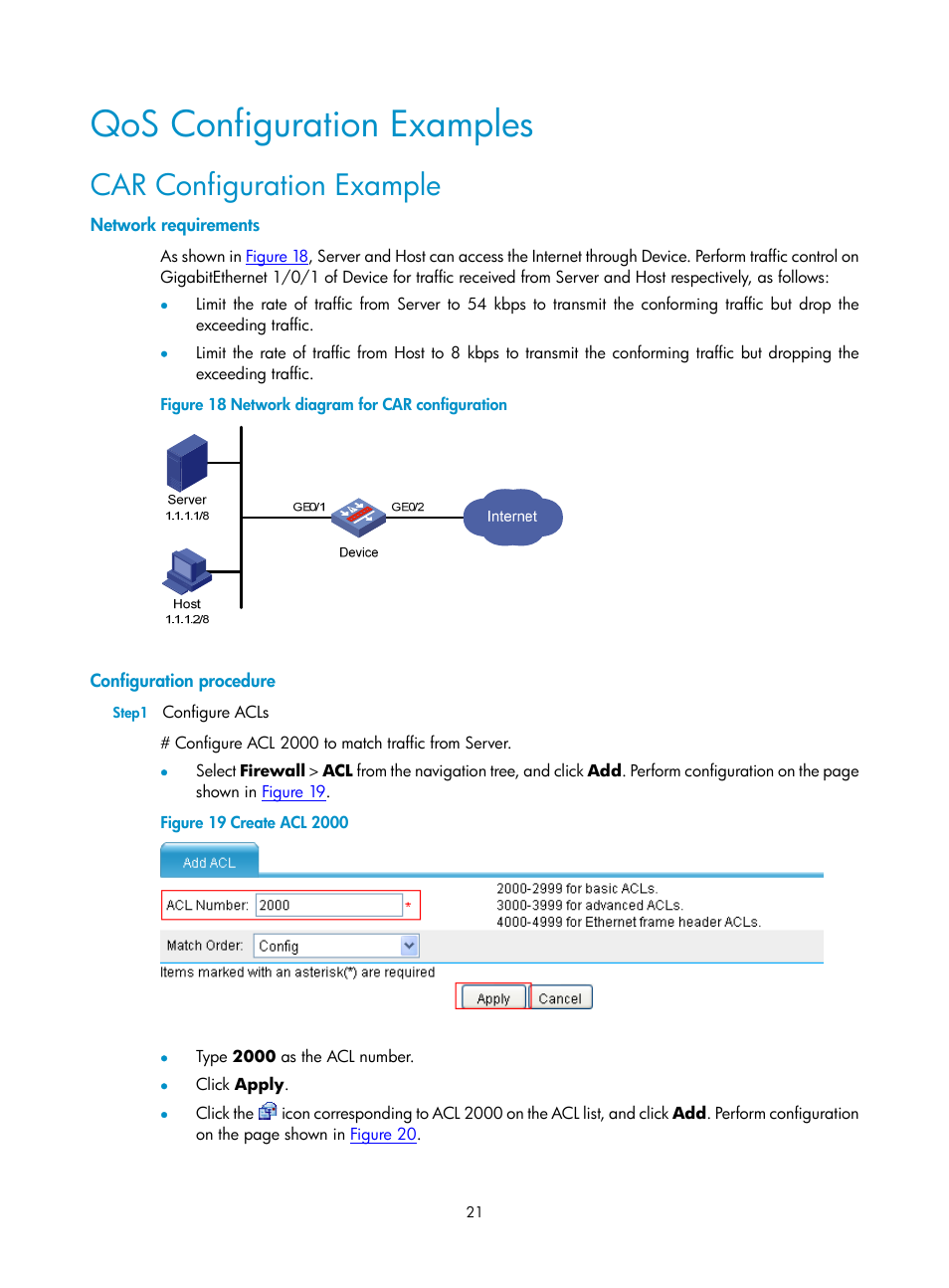 Qos configuration examples, Car configuration example, Network requirements | Configuration procedure | H3C Technologies H3C SecPath F1000-E User Manual | Page 529 / 938