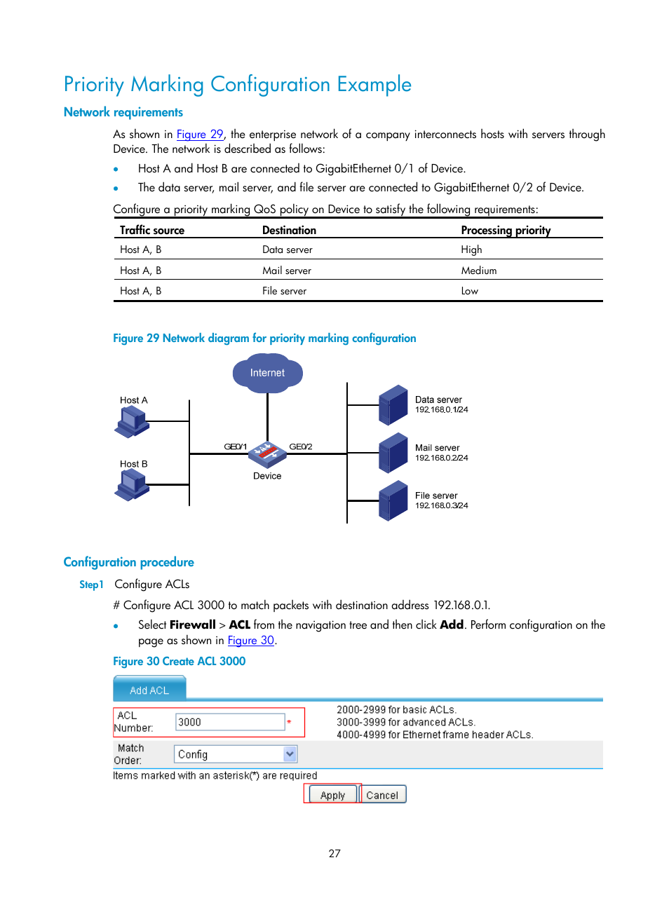 Priority marking configuration example, Network requirements, Configuration procedure | H3C Technologies H3C SecPath F1000-E User Manual | Page 535 / 938
