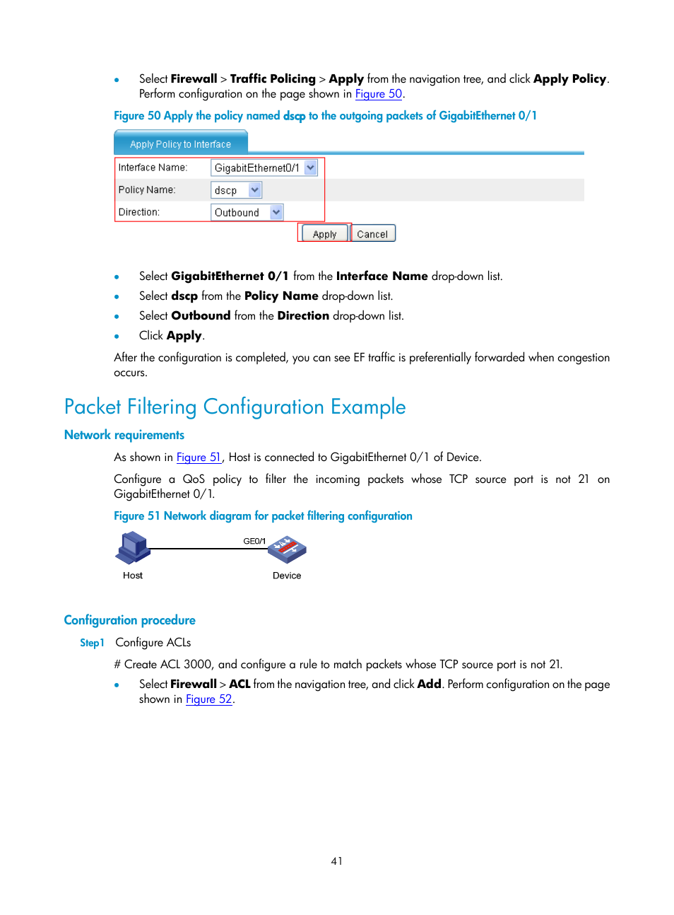 Packet filtering configuration example, Network requirements, Configuration procedure | H3C Technologies H3C SecPath F1000-E User Manual | Page 549 / 938