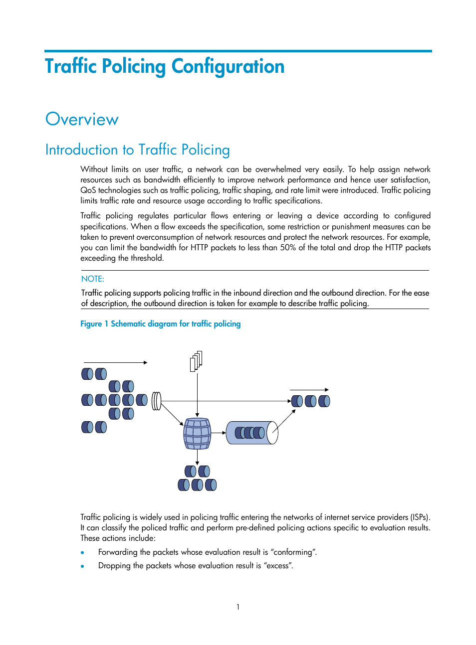 Traffic policing configuration, Overview, Introduction to traffic policing | H3C Technologies H3C SecPath F1000-E User Manual | Page 556 / 938