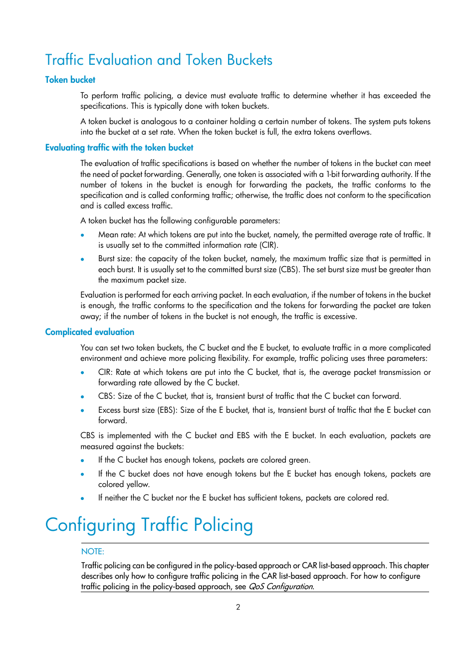 Traffic evaluation and token buckets, Token bucket, Evaluating traffic with the token bucket | Complicated evaluation, Configuring traffic policing | H3C Technologies H3C SecPath F1000-E User Manual | Page 557 / 938