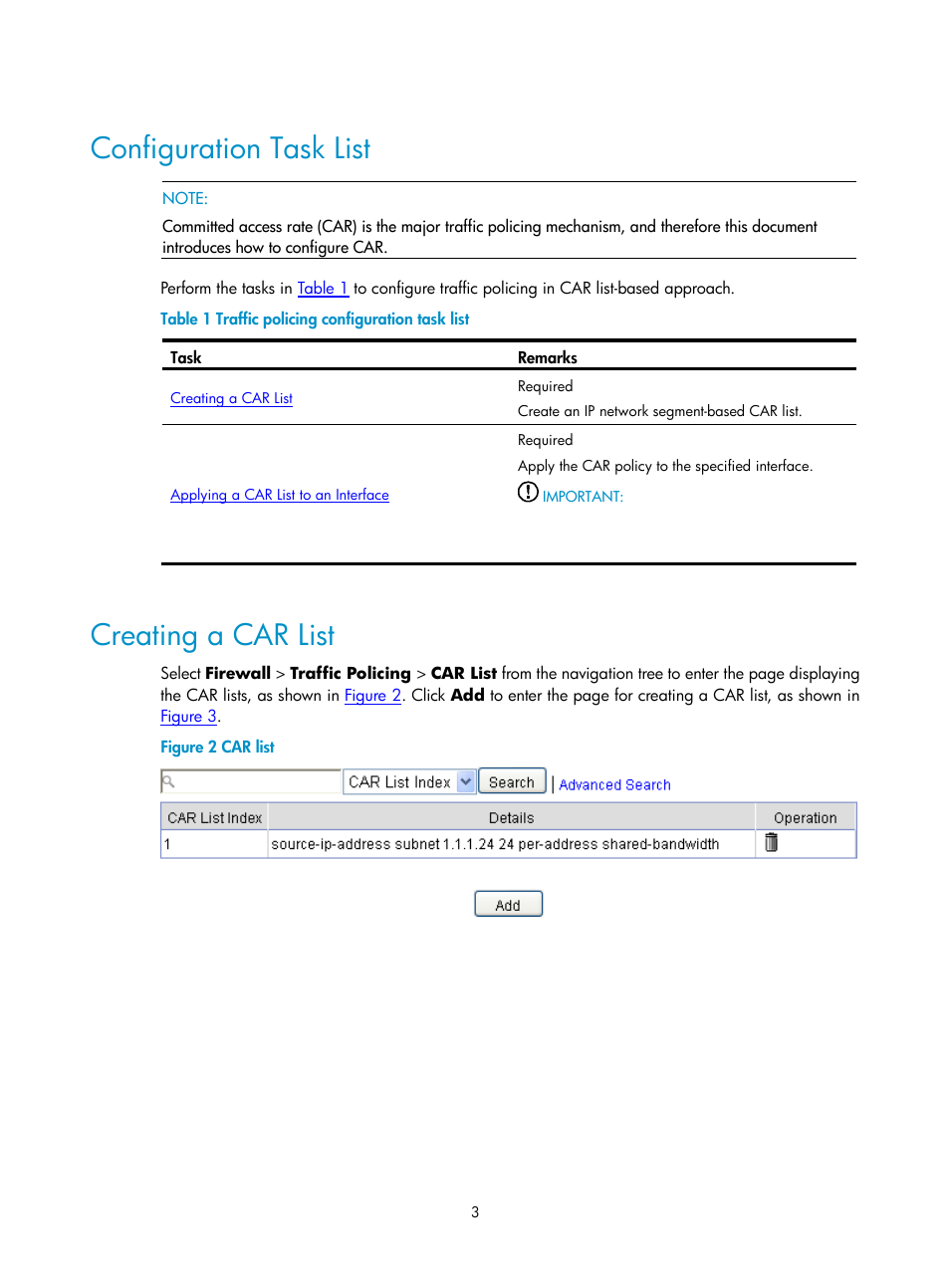 Configuration task list, Creating a car list | H3C Technologies H3C SecPath F1000-E User Manual | Page 558 / 938