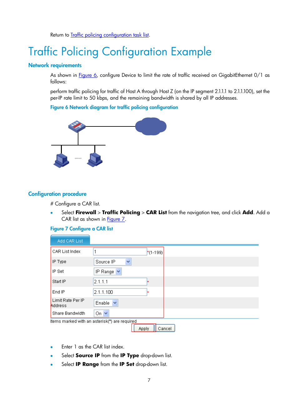 Traffic policing configuration example, Network requirements, Configuration procedure | H3C Technologies H3C SecPath F1000-E User Manual | Page 562 / 938