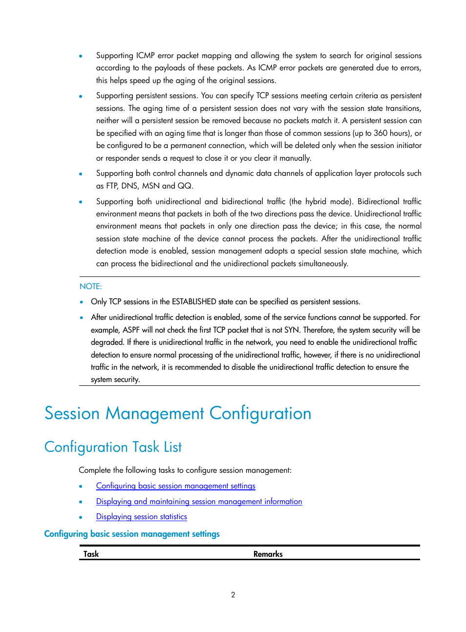 Session management configuration, Configuration task list, Configuring basic session management settings | H3C Technologies H3C SecPath F1000-E User Manual | Page 566 / 938