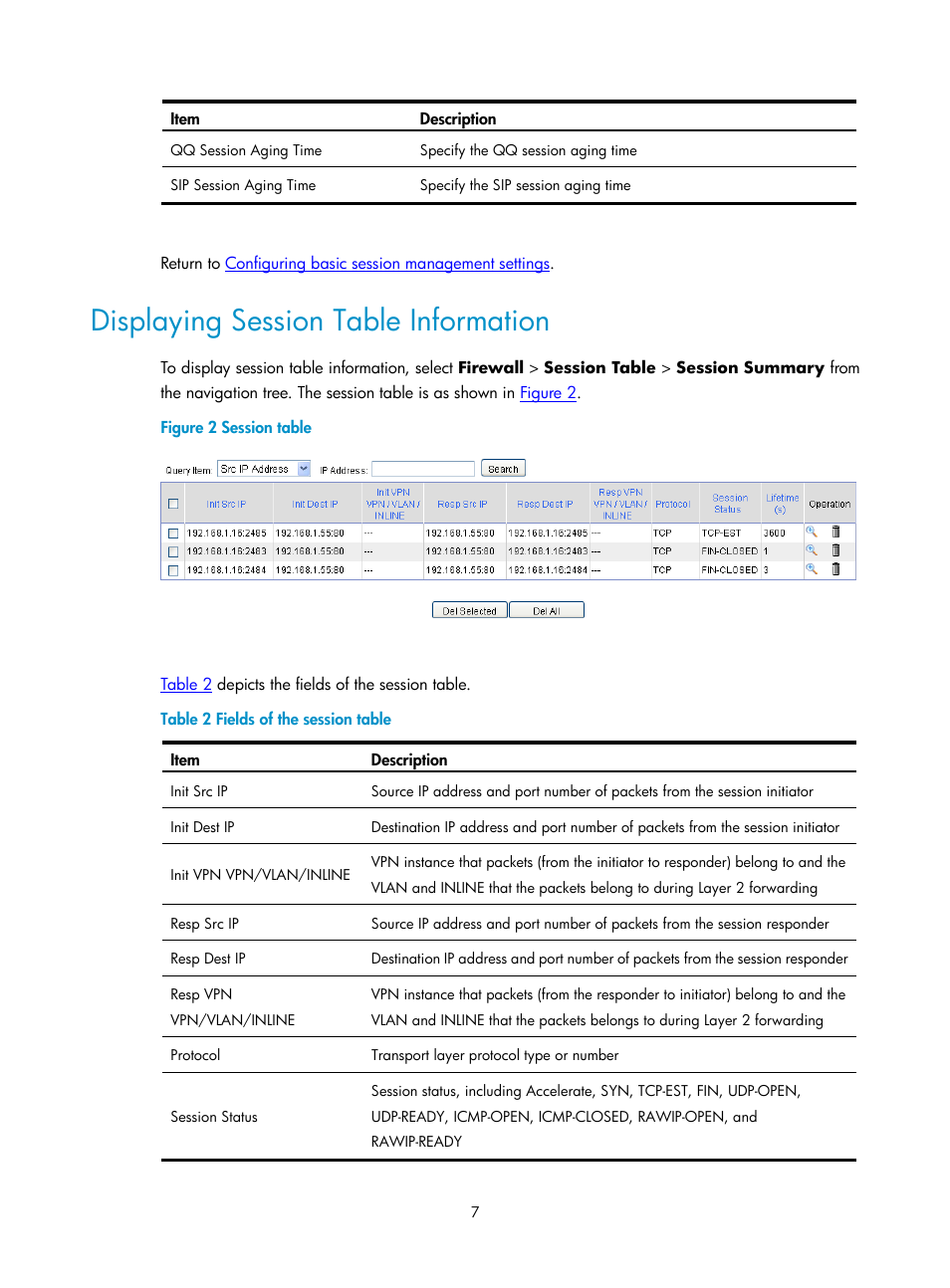 Displaying session table information | H3C Technologies H3C SecPath F1000-E User Manual | Page 571 / 938
