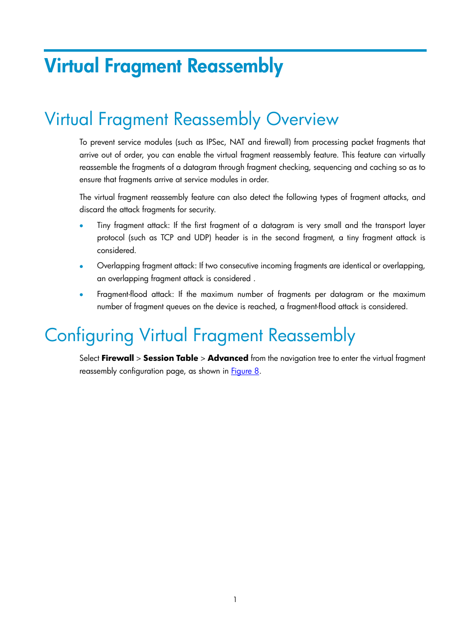 Virtual fragment reassembly, Virtual fragment reassembly overview, Configuring virtual fragment reassembly | H3C Technologies H3C SecPath F1000-E User Manual | Page 579 / 938