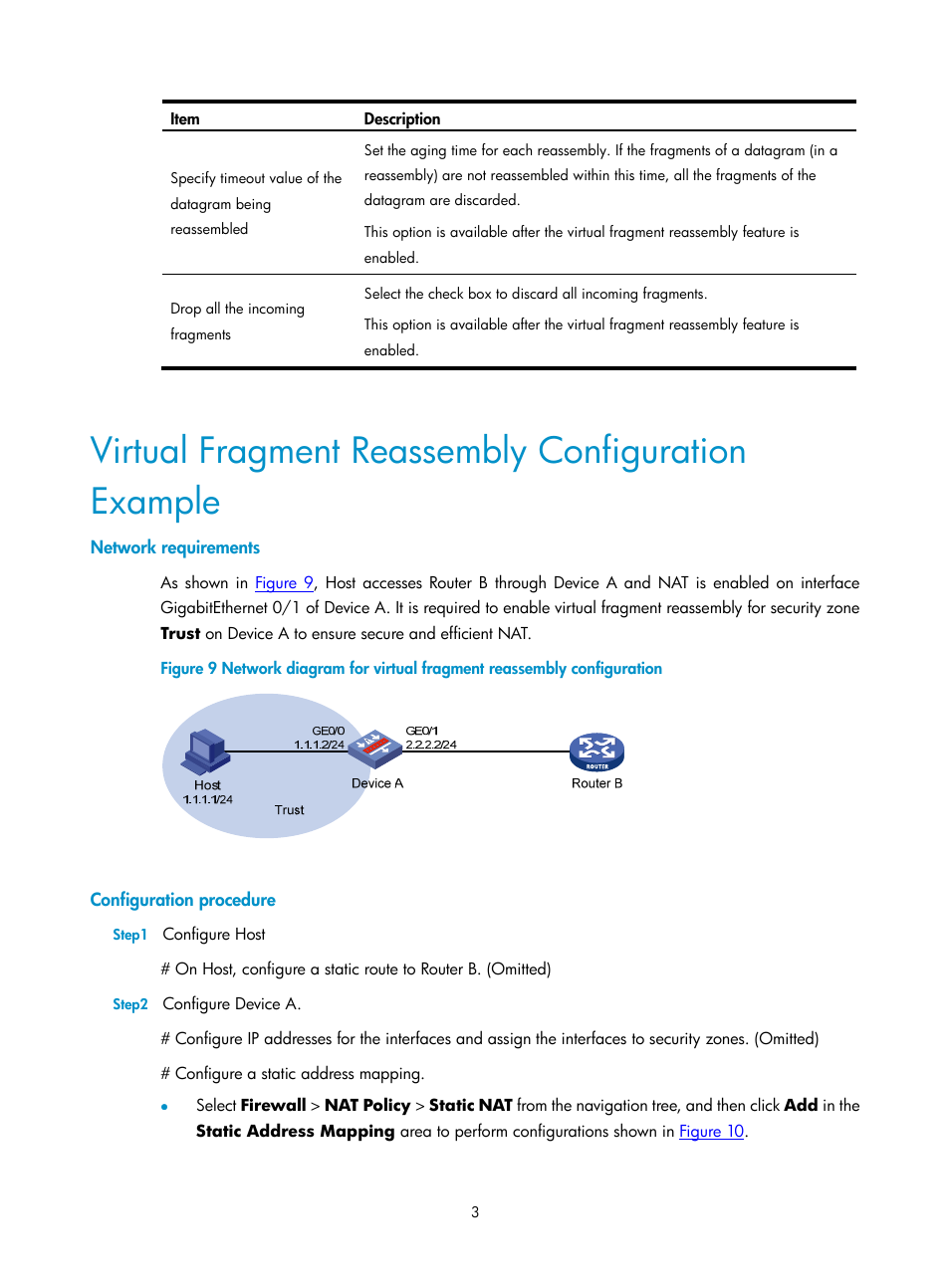 Virtual fragment reassembly configuration example, Network requirements, Configuration procedure | H3C Technologies H3C SecPath F1000-E User Manual | Page 581 / 938