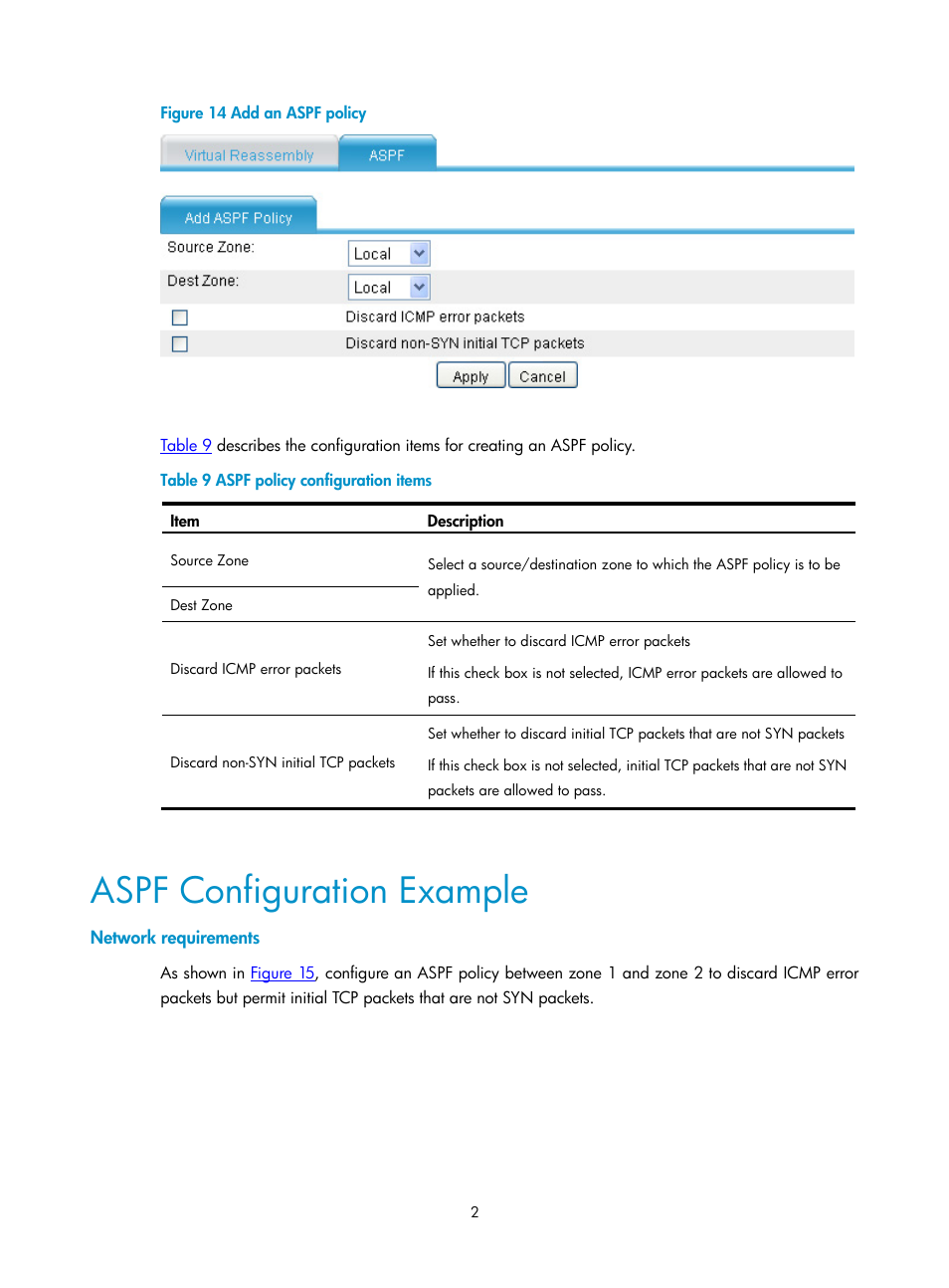 Aspf configuration example, Network requirements | H3C Technologies H3C SecPath F1000-E User Manual | Page 585 / 938