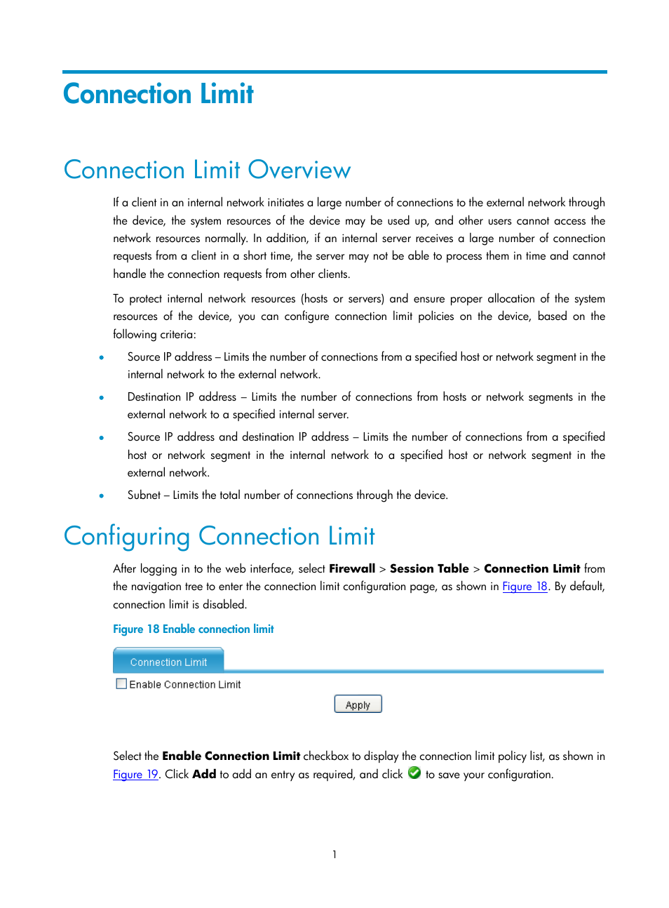 Connection limit, Connection limit overview, Configuring connection limit | H3C Technologies H3C SecPath F1000-E User Manual | Page 589 / 938