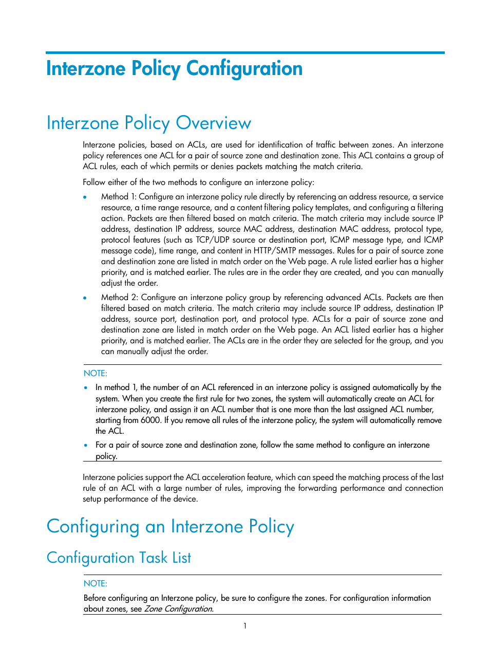 Interzone policy configuration, Interzone policy overview, Configuring an interzone policy | Configuration task list | H3C Technologies H3C SecPath F1000-E User Manual | Page 593 / 938