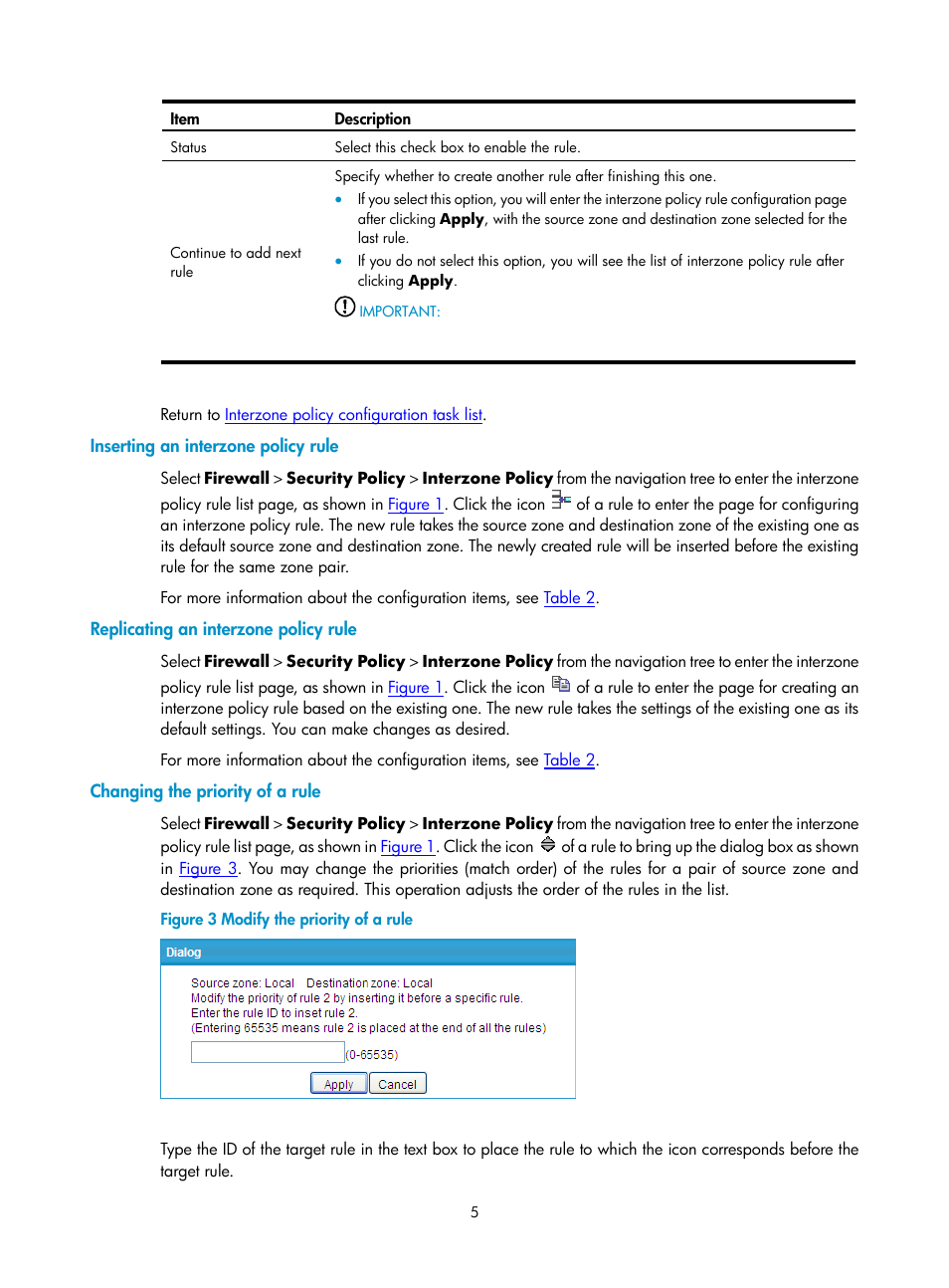 Inserting an interzone policy rule, Replicating an interzone policy rule, Changing the priority of a rule | H3C Technologies H3C SecPath F1000-E User Manual | Page 597 / 938