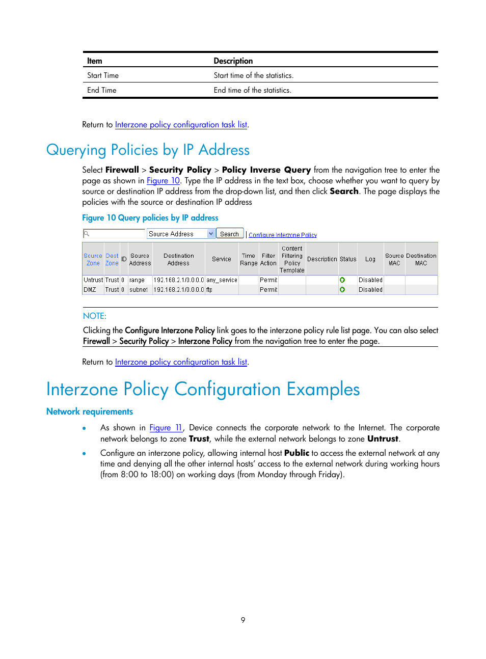 Querying policies by ip address, Interzone policy configuration examples, Network requirements | H3C Technologies H3C SecPath F1000-E User Manual | Page 601 / 938
