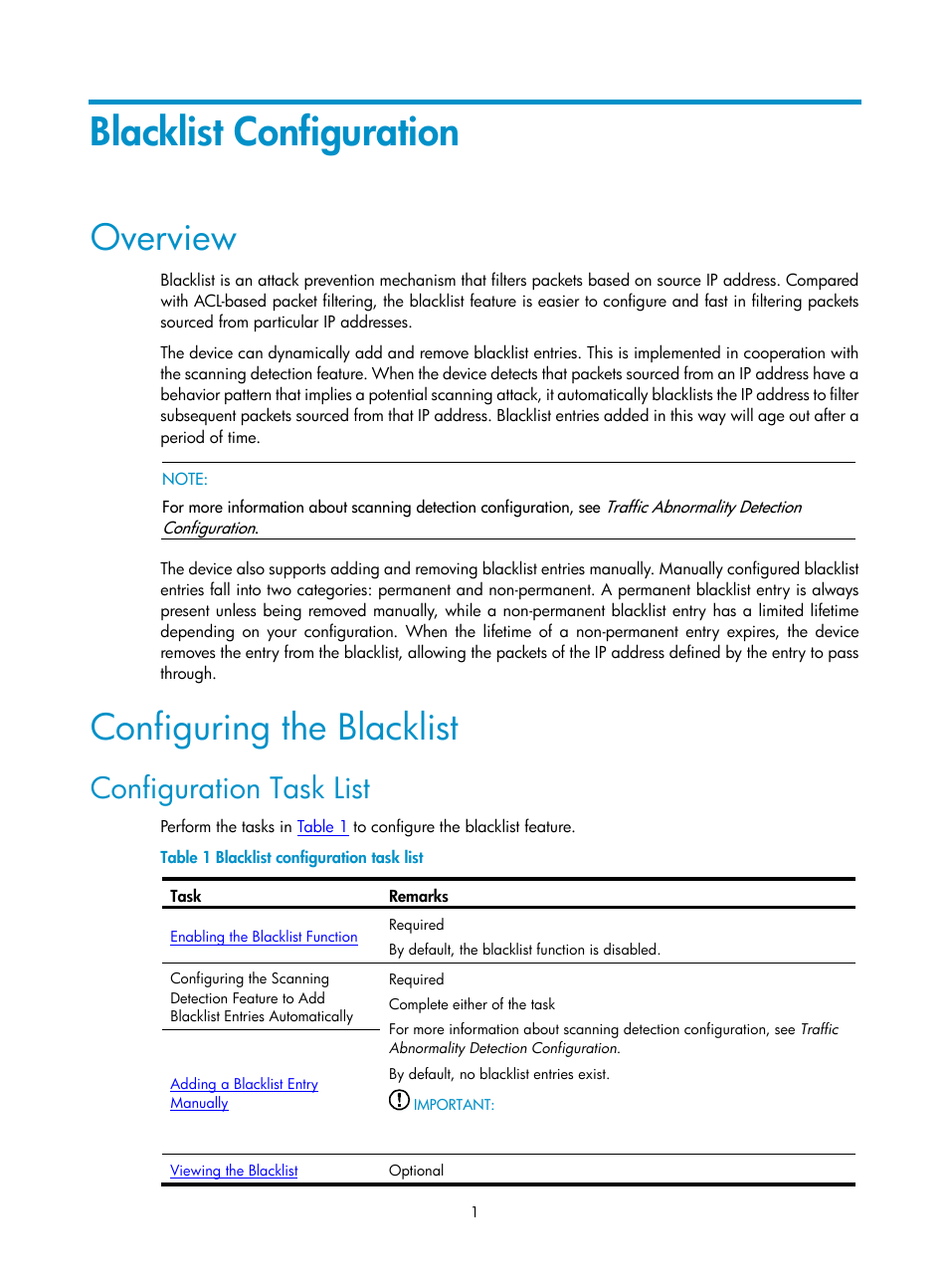 Blacklist configuration, Overview, Configuring the blacklist | Configuration task list | H3C Technologies H3C SecPath F1000-E User Manual | Page 610 / 938