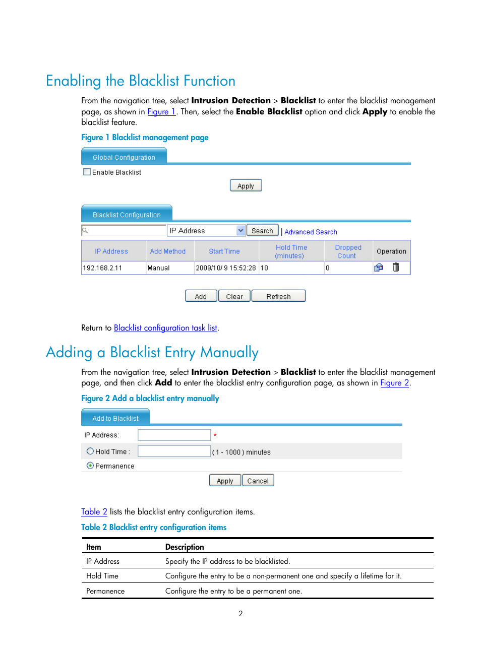 Enabling the blacklist function, Adding a blacklist entry manually | H3C Technologies H3C SecPath F1000-E User Manual | Page 611 / 938