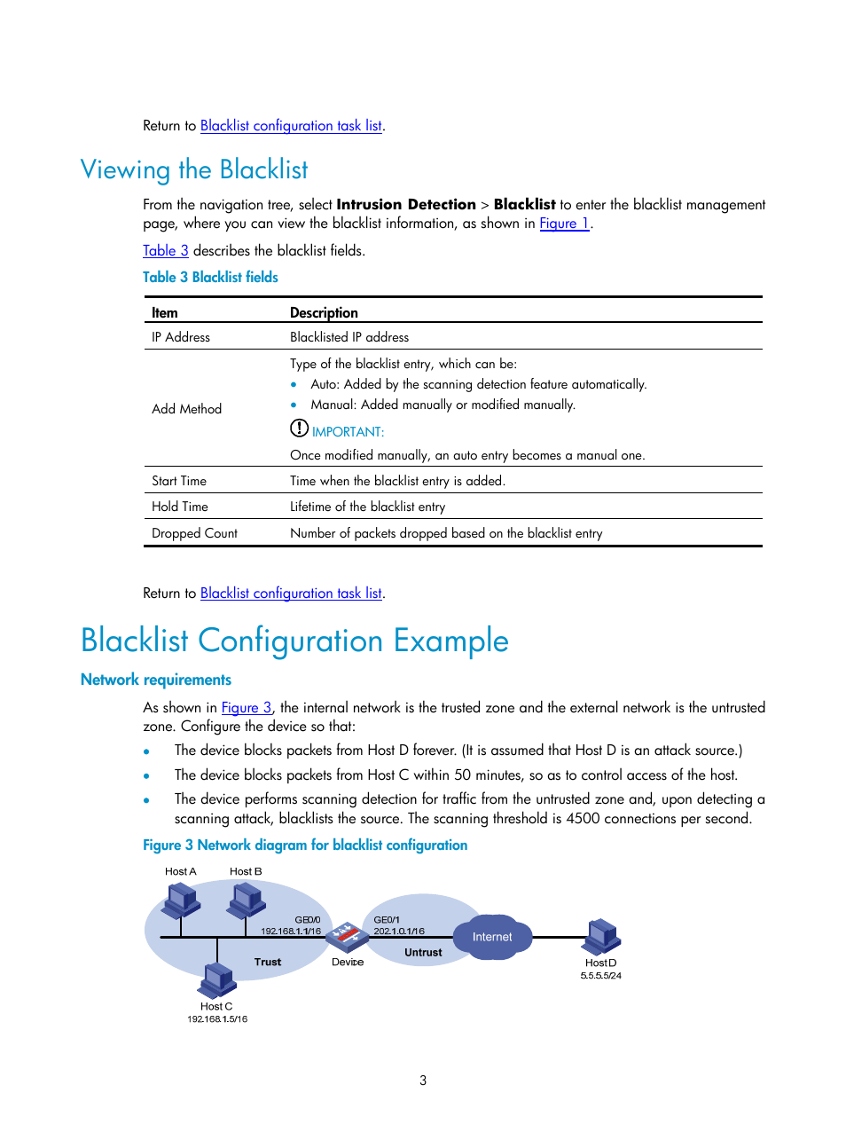 Viewing the blacklist, Blacklist configuration example, Network requirements | H3C Technologies H3C SecPath F1000-E User Manual | Page 612 / 938