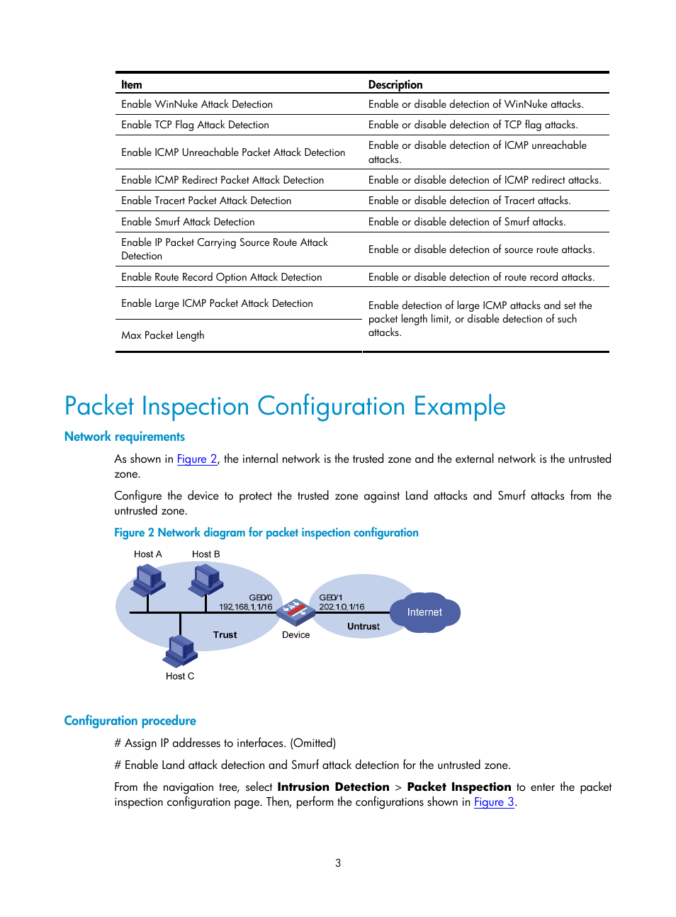 Packet inspection configuration example, Network requirements, Configuration procedure | H3C Technologies H3C SecPath F1000-E User Manual | Page 618 / 938