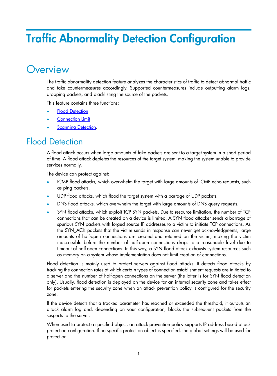 Traffic abnormality detection configuration, Overview, Flood detection | H3C Technologies H3C SecPath F1000-E User Manual | Page 621 / 938