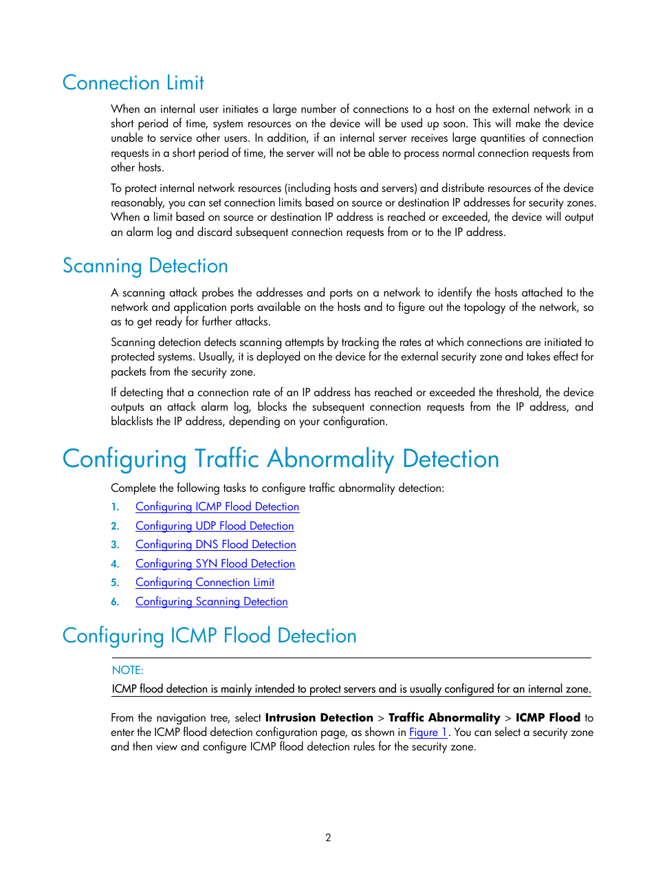 Connection limit, Scanning detection, Configuring traffic abnormality detection | Configuring icmp flood detection | H3C Technologies H3C SecPath F1000-E User Manual | Page 622 / 938