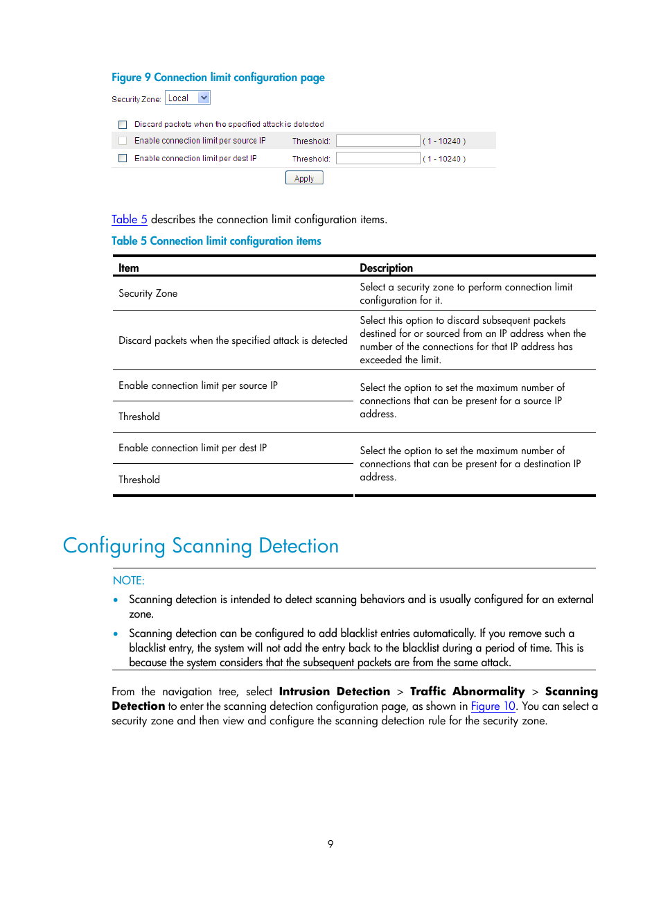 Configuring scanning detection | H3C Technologies H3C SecPath F1000-E User Manual | Page 629 / 938