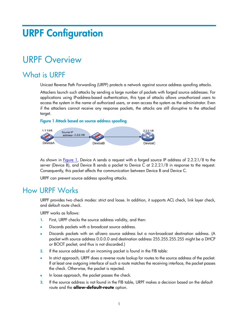 Urpf configuration, Urpf overview, What is urpf | How urpf works | H3C Technologies H3C SecPath F1000-E User Manual | Page 636 / 938