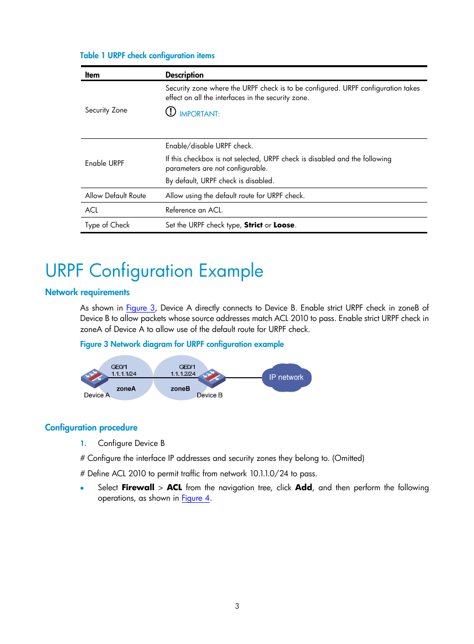 Urpf configuration example, Network requirements, Configuration procedure | H3C Technologies H3C SecPath F1000-E User Manual | Page 638 / 938