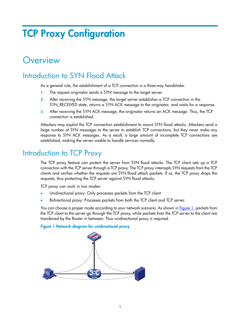 Tcp proxy configuration, Overview, Introduction to syn flood attack | Introduction to tcp proxy | H3C Technologies H3C SecPath F1000-E User Manual | Page 643 / 938